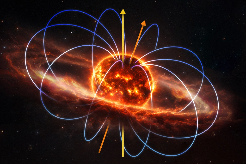 Artist's renditions of the space weather around M dwarf TIC 141146667 with an overlay showing magnetic field lines.  Illustration by Navid Marvi, courtesy Carnegie Science. 