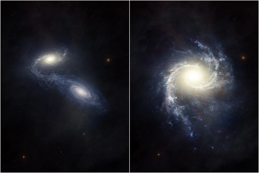 An artist’s impression shows the giant spiral galaxy NGC 1365 as it collides and merges with a smaller companion galaxy, stirring up star formation and redistributing gas and heavy elements.