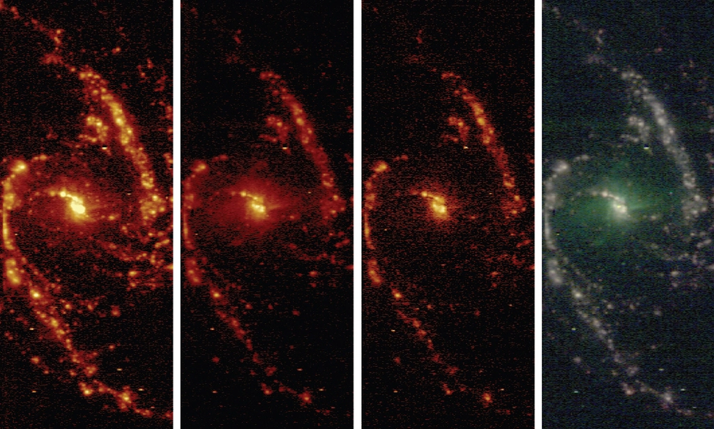 Four views of the spiral galaxy NGC 1365, as extracted from the TYPHOON survey, showing somoe of the richness of the information available in the data cubes.