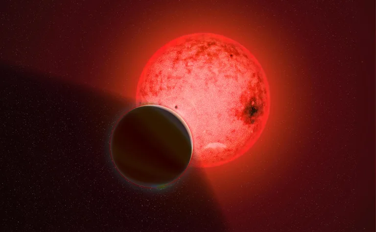 Artist's conception of a large gas giant planet orbiting a small red dwarf star called TOI-5205. Image by Katherine Cain, courtesy of the Carnegie Institution for Science. 