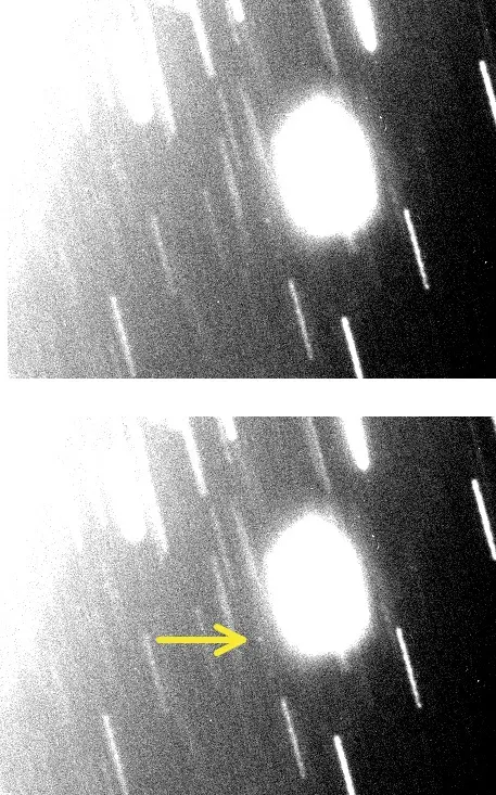 The discovery image of the new Uranian moon S/2023 U1 using the Magellan telescope on November 4, 2023.  Uranus is just off the field of view in the upper left, as seen by the increased scattered light.  S/2023 U1 is the faint point of light in the center of the image. The trails are from background stars since the telescope was tracked at the rate of motion of Uranus over the three hours of imaging. Image courtesy of Scott Sheppard.
