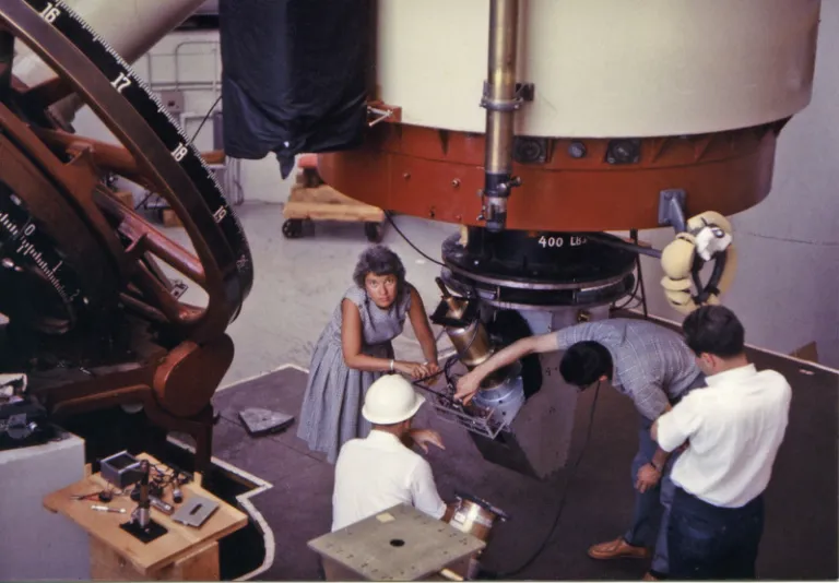 Vera Rubin at Lowell Observatory, 69-inch [i.e., 72-inch] Telescope (Kent Ford in white helmet)