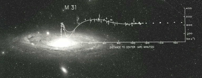 Optical (dots) and radio (triangles) rotation curve data for the Andromeda galaxy M31 superimposed on the M31 image from the Palomar Sky Survey