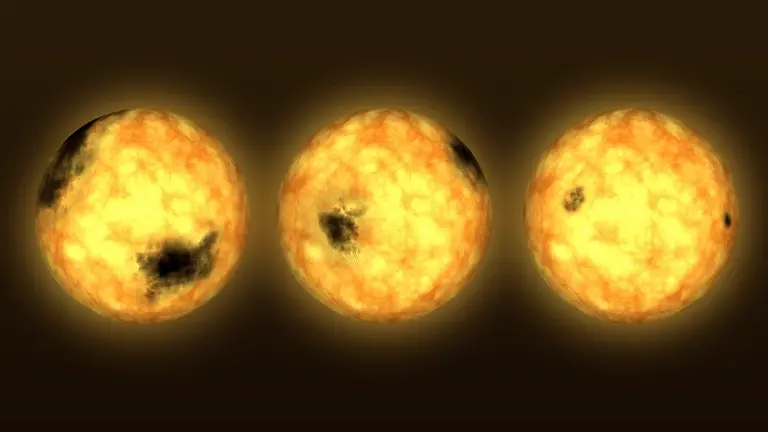As a star ages, its spin and the number and sizes of its spots decreases as shown in this animation of a Sun-like star. Star spots are tied to local magnetic fields that have been amplified by the star’s rotation, so the phenomena are connected. Credit: NASA’s Goddard Space Flight Center
