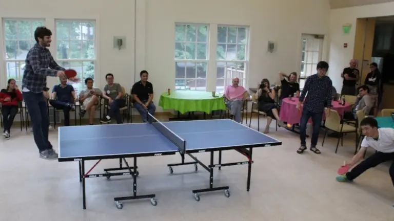 Postdocs Kei Shimizu and Zachary Geballe's go head-to-head in a high-energy face off during the 2018 Ping Pong Tournament.