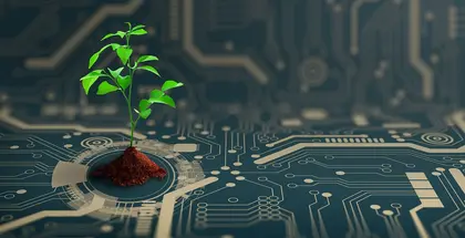 Illustration of a plant growing on a computer chip purchased from Shutterstock.