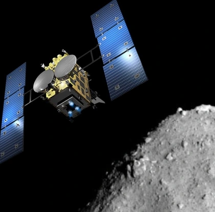 Caption: Artist’s conception of the Hayabusa2 rendezvous with Ryugu. Image is courtesy of Akihiro Ikeshita.