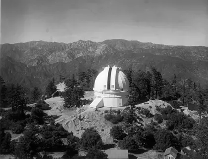 Completed dome for the 100-inch telescope at Mount Wilson Observatory, as seen from the 150-foot solar telescope. Image is courtesy of the Observatories of the Carnegie Institution for Science Collection at the Huntington Library, San Marino, CA.