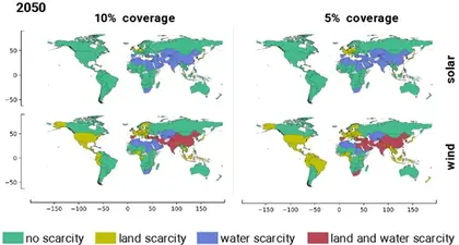 An illustration showing land and water scarcity induced by meeting 2050 hydrogen production demands using wind and solar power under two different land coverage scenarios. This image is courtesy of the authors and was created using Matplotlib and Geopandas packages for Python. 