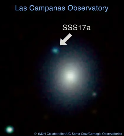 This image shows the Swope Supernova Survey 2017a (or SSS 17a) from the night of discovery. A team of four Carnegie astronomers and colleagues at U.C. Santa Cruz provided the first-ever glimpse of two neutron stars colliding, opening the door to a new era of astronomy.