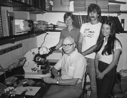 Gall group in the lab at Carnegie Science, 1980s