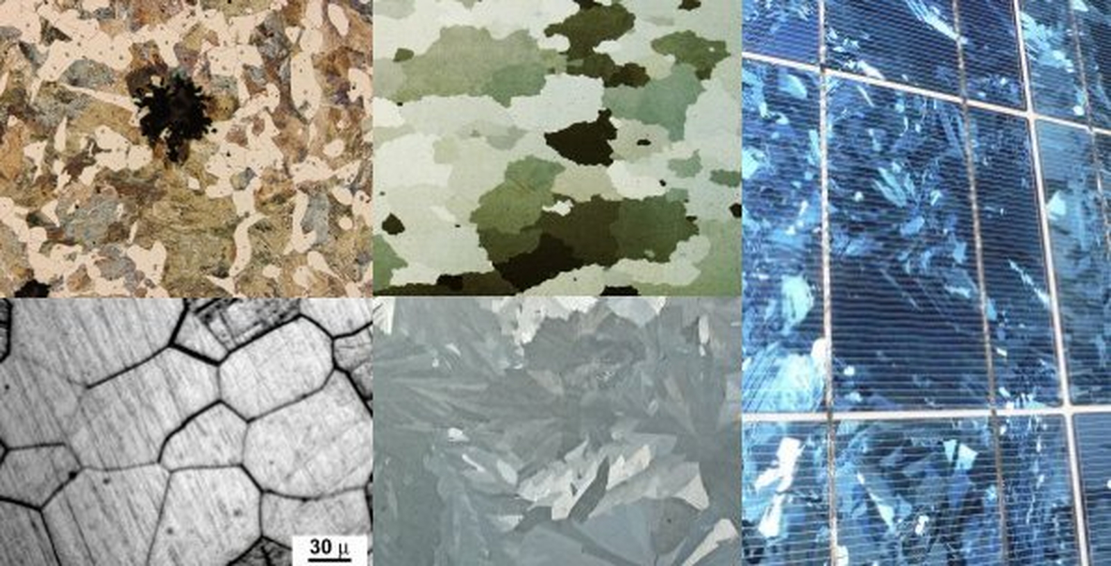 Polycrystalline structures composed of crystallites. Clockwise from top left: a) malleable iron b) electrical steel without coating c) solar cells made of multicrystalline silicon d) galvanized surface of zinc e) micrograph of acid etched metal highlighting grain boundaries
