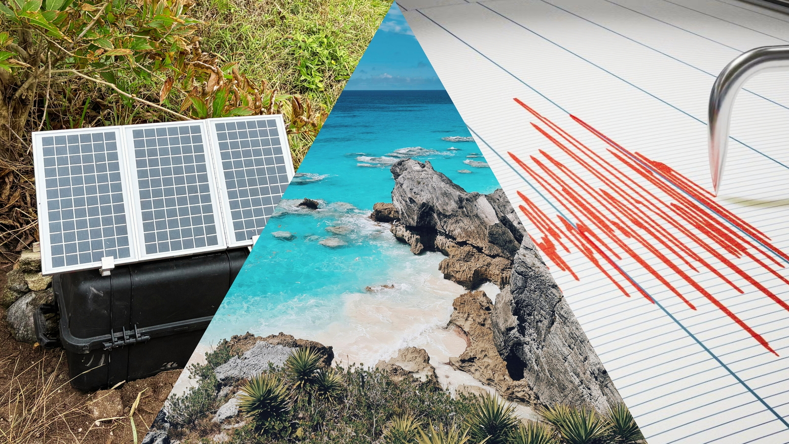A tryptich of images related to seismology studies in Bermuda including a Quick Deploy Box, a beach in Bermuda, and seismic readings