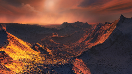 Artists rendering of an exoplanet's surface with craggy mountains, and dusty sky in red and gold tones
