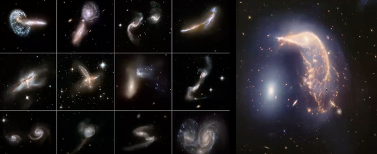 Galaxies interacting and merging to form a single galaxy
