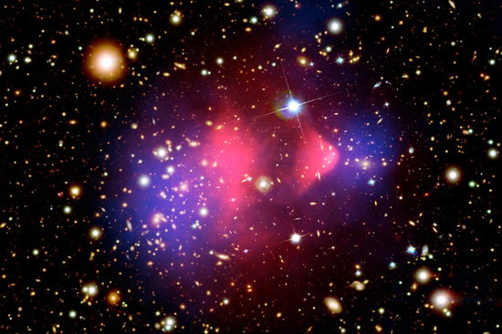 Image credit: The Bullet Cluster X-ray: NASA/CXC/M. Markevitch et al.; Optical: NASA/STScI; Magellan/U. Arizona/D. Clowe et al.; Lensing Map: NASA/STScI; ESO WFI; Magellan/U. Arizona/D. Clowe et al.
