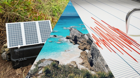 A tryptich of images related to seismology studies in Bermuda including a Quick Deploy Box, a beach in Bermuda, and seismic readings