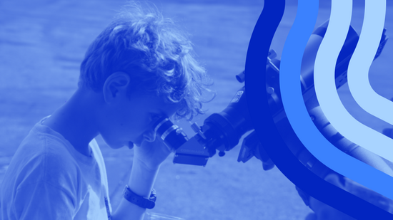 Observatories Open House boy looks into solar telescope with blue visual styling elements