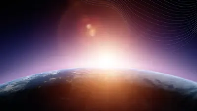 A star rises behind a planet, illuminating the planet's atmosphere. 