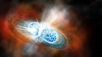 Artist's conception of neutron stars colliding, by Robin Dienel, courtesy of Carnegie Institution for Science