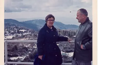 Vera on top of the dome of 200-inch Palomar telescope, with K. Rudnicki, in December 1965. The first time a woman was allowed to use the Palomar telescopes.