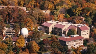 An overhead shot of the Broad Branch Road campus in autumn. 