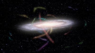 Artist’s representation of our Milky Way Galaxy surrounded by dozens of stellar streams. These streams were the companion satellite galaxies or globular clusters that are now being torn apart by our Galaxy’s gravity. (Credit: James Josephides and S5 Collaboration.)