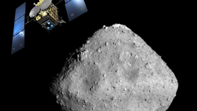 A composite image showing the Hayabusa2 spacecraft approaching the Ryugu asteroid. Spacecraft image is courtesy of NASA. Asteroid image is courtesy of JAXA, University of Tokyo, Kochi University, Rikkyo University, Nagoya University, Chiba Institute of Technology, Meiji University, Aizu University, and AIST.