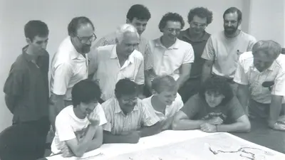 The seismology group in 1990. Back row left to right: Fred Pollitz, Paul Silver, Selwyn Sacks, Gotz Bokelmann, Michael Acierno, Craig Bina, David James, Alan Linde. Front row left to right: Satoshi Kaneshima, Randy Kuehnel, and Chris Kincaid. Courtesy of Carnegie Institution for Science. 