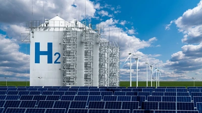 An artist's conception of producing hydrogen fuel from wind and solar power generation. Image purchased from Shutterstock.