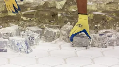 Mirror lab staff set pieces of glass onto the mold for the fifth mirror for the Giant Magellan Telescope