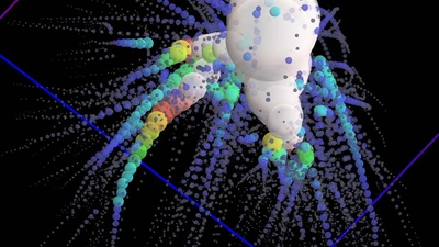 A representation of a merger tree from the model Galacticus, used to determine the formation and evolution of the galaxies. Image courtesy Andrew Benson. 