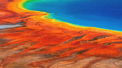 Microbial mats surround a hot spring in Yellowstone National Park