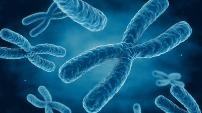 Blue chromosomes floating on a dark background. 