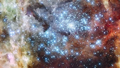 Hubble Space Telescope image of two star clusters in the 30 Doradus Nebula.