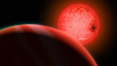 Artist's conception of a a large gas giant planet orbiting a small red dwarf star called TOI-5205. Image by Katherine Cain, courtesy of the Carnegie Institution for Science. 
