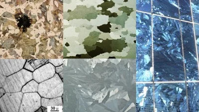 Polycrystalline structures composed of crystallites. Clockwise from top left: a) malleable iron b) electrical steel without coating c) solar cells made of multicrystalline silicon d) galvanized surface of zinc e) micrograph of acid etched metal highlighting grain boundaries