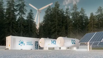 An illustration of hydrogen fuel synthesis from wind and solar power. 