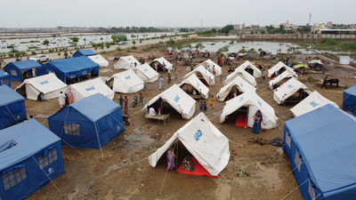 Shutterstock image of relief tents from 2022 Pakistan flooding