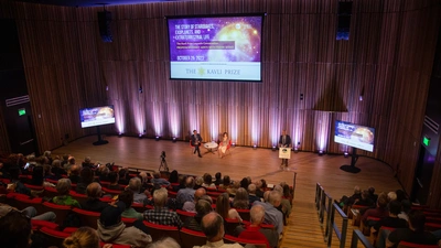 Conny Aerts and Frank Sesno during Kavli Prize Laureate Lecture at the MLK Jr Memorial Library 