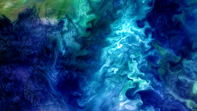 Patterns of blue and green sea water blooms. Colorful splash green, blue, milky turquoise waters. Aerial view diatoms phytoplankton. Ink in water. Abstract background.