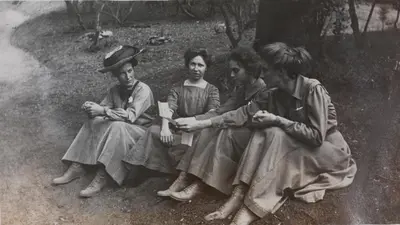 Four women participants at the 1910 International Union for Co-operation in Solar Research held at Mount Wilson Observatory