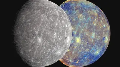 A gray-true color Mercury next to a colorized Mercury that combines visible and near infrared light to highlight the differences in surface composition. 