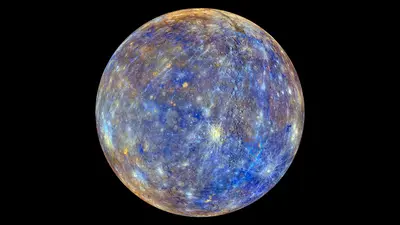 The planet Mercury on a black background. This colorful view of Mercury was produced by using images from the color base map imaging campaign during MESSENGER's primary mission.  NASA/Johns Hopkins University Applied Physics Laboratory/Carnegie Science