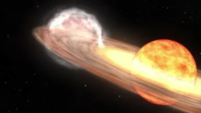 A red giant star and white dwarf orbit each other in this artist's concept of a nova similar to T Coronae Borealis. Artwork is courtesy of NASA/Goddard Space Flight Center. 