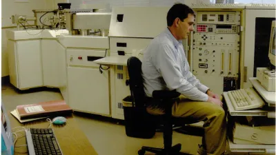 Department of Terrestrial Magnetism staff member Timothy Mock working at the Plasma 54 inductively coupled plasma mass spectrometer