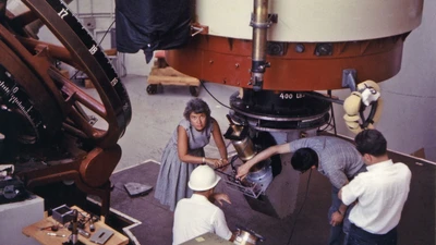 Vera Rubin at Lowell Observatory, 69-inch [i.e., 72-inch] Telescope (Kent Ford in white helmet)