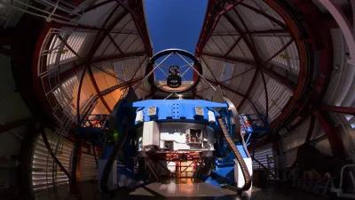 The Magellan Telescope with Magellan Adaptive Optics' Adaptive Secondary Mirror mounted at the top, looking down the on 6.5-meter (21 foot) diameter Primary Mirror. Courtesy Yuri Beletsky. 