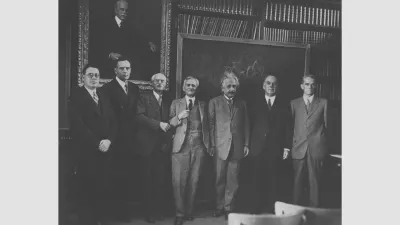 Albert Einstein visits with Carnegie astronomers, including Edwin Hubble, at the Mount Wilson Observatory Library, circa 1931. 