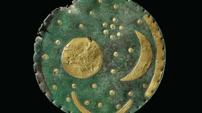 Nebra Sky Disk, 1600 BCE (facsimile, 2002), Landesmuseum Für Vorgeschichte, State Office for Heritage Management and Archaeology Saxony-Anhalt, Juraj Lipták, Photo © LDA Sachsen-Anhalt, Juraj Lipták